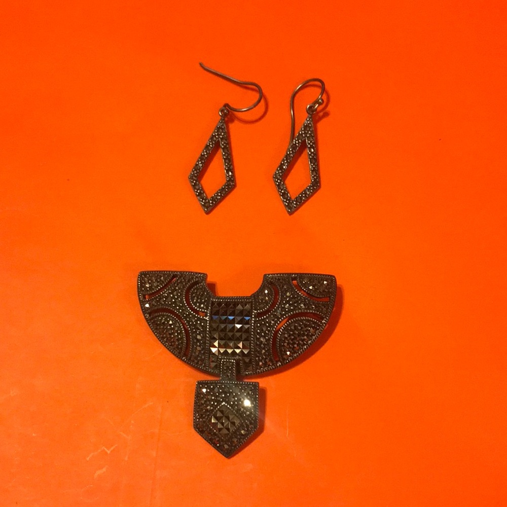 Vintage Marcasite Sterling Broach and Earrings